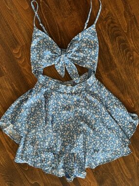 Blue Floral Tie-Front Romper with Cutout Waist